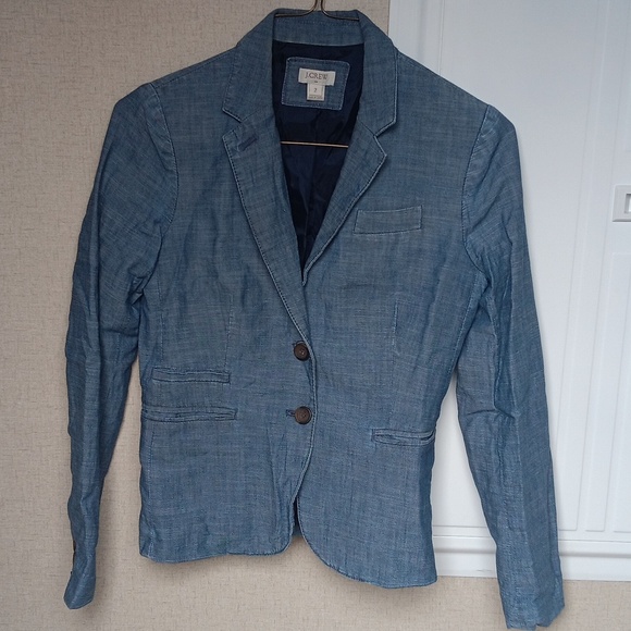 J.Crew Outlet Womens Sz 2 Blue Chambray Lined Keating Boy Blazer Jacket 2 Button - Picture 3 of 4
